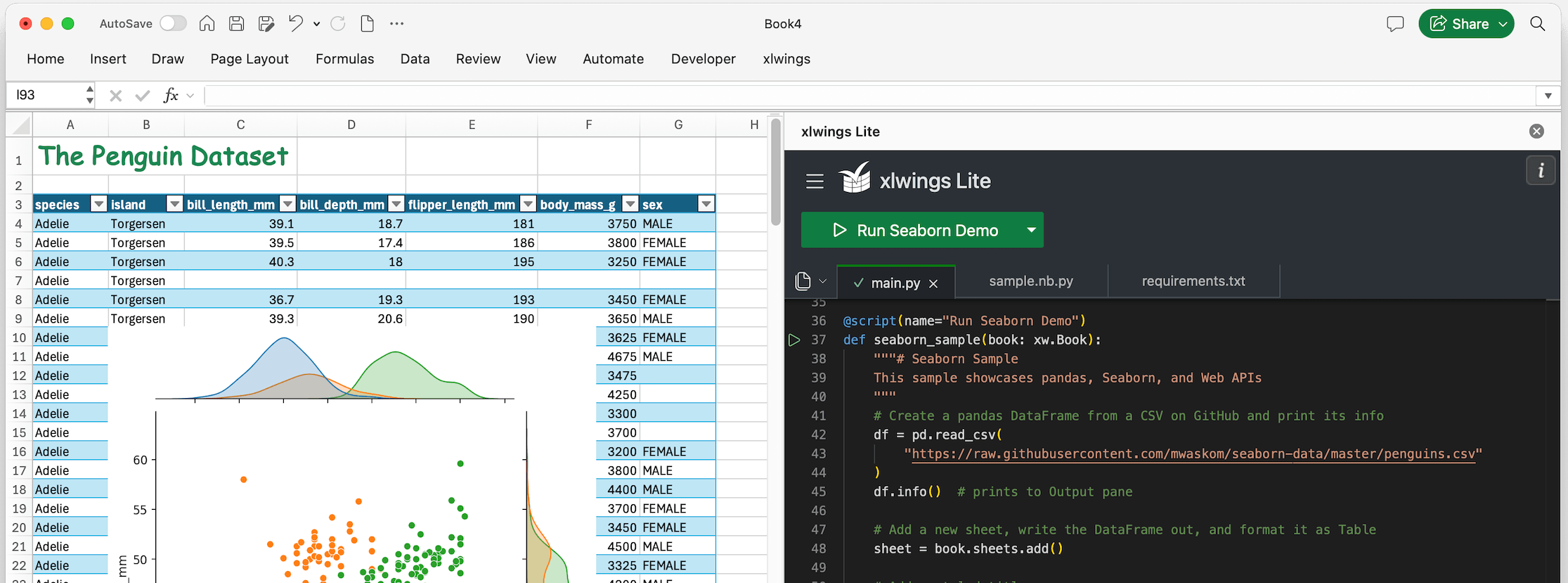 xlwings Lite running a seaborn example in Excel