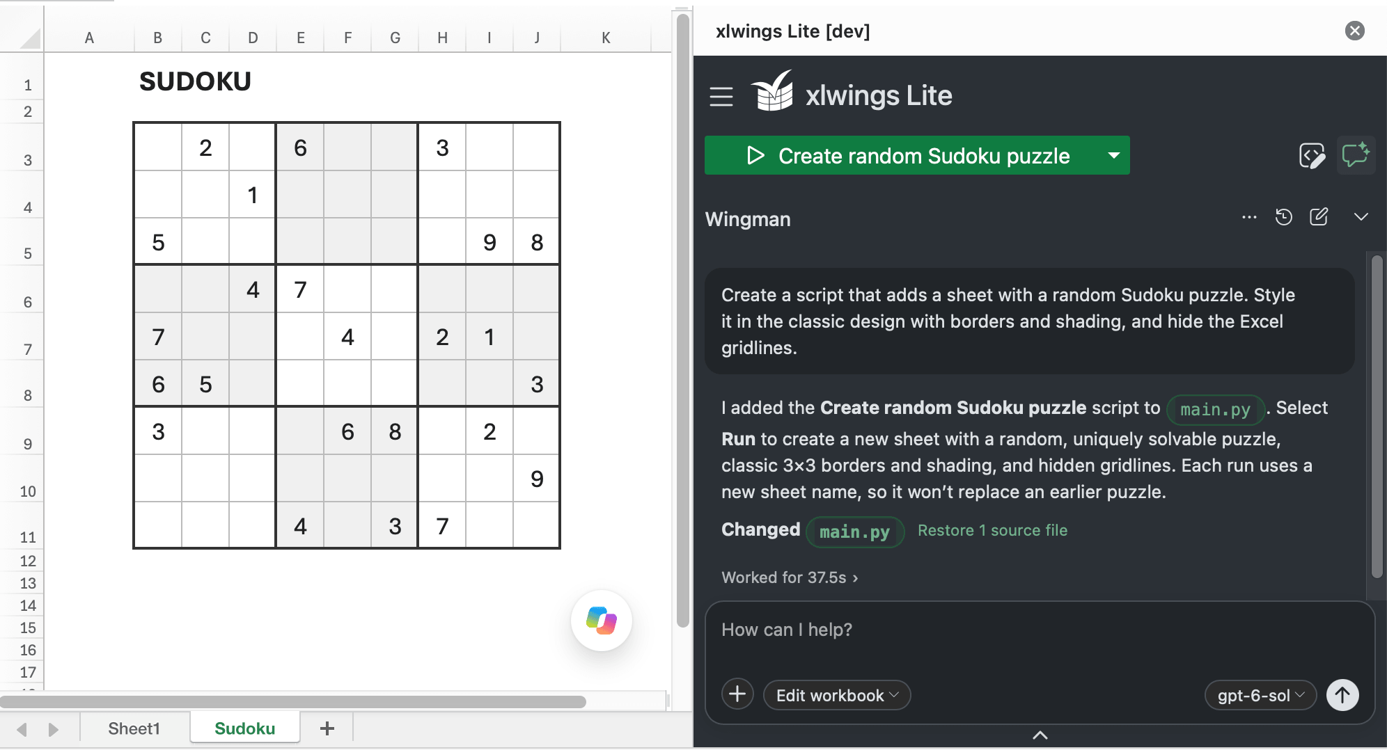 Wingman created a script that adds a styled Sudoku puzzle to a new sheet